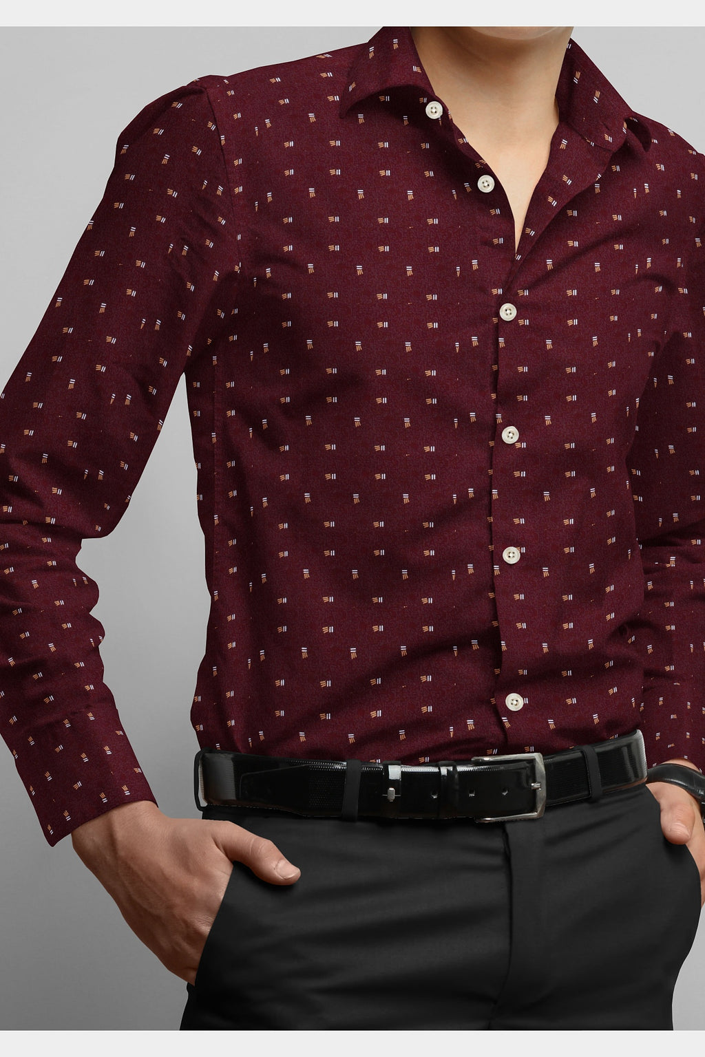 MEN CONVERSATIONAL DOBBY  PRINT SHIRT AUBURN TWILIGHT - MAROON